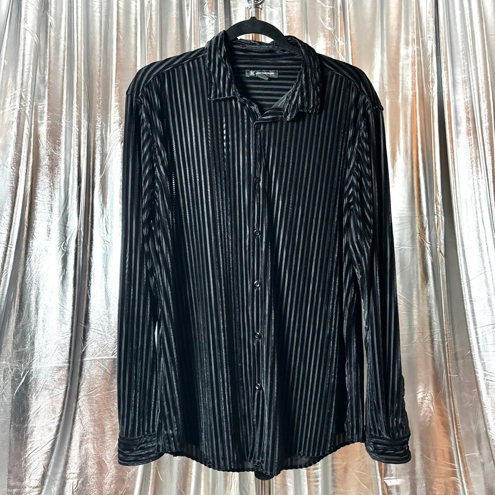 INC International Concepts Black Velvet Stripe Sheer Button Up Shirt